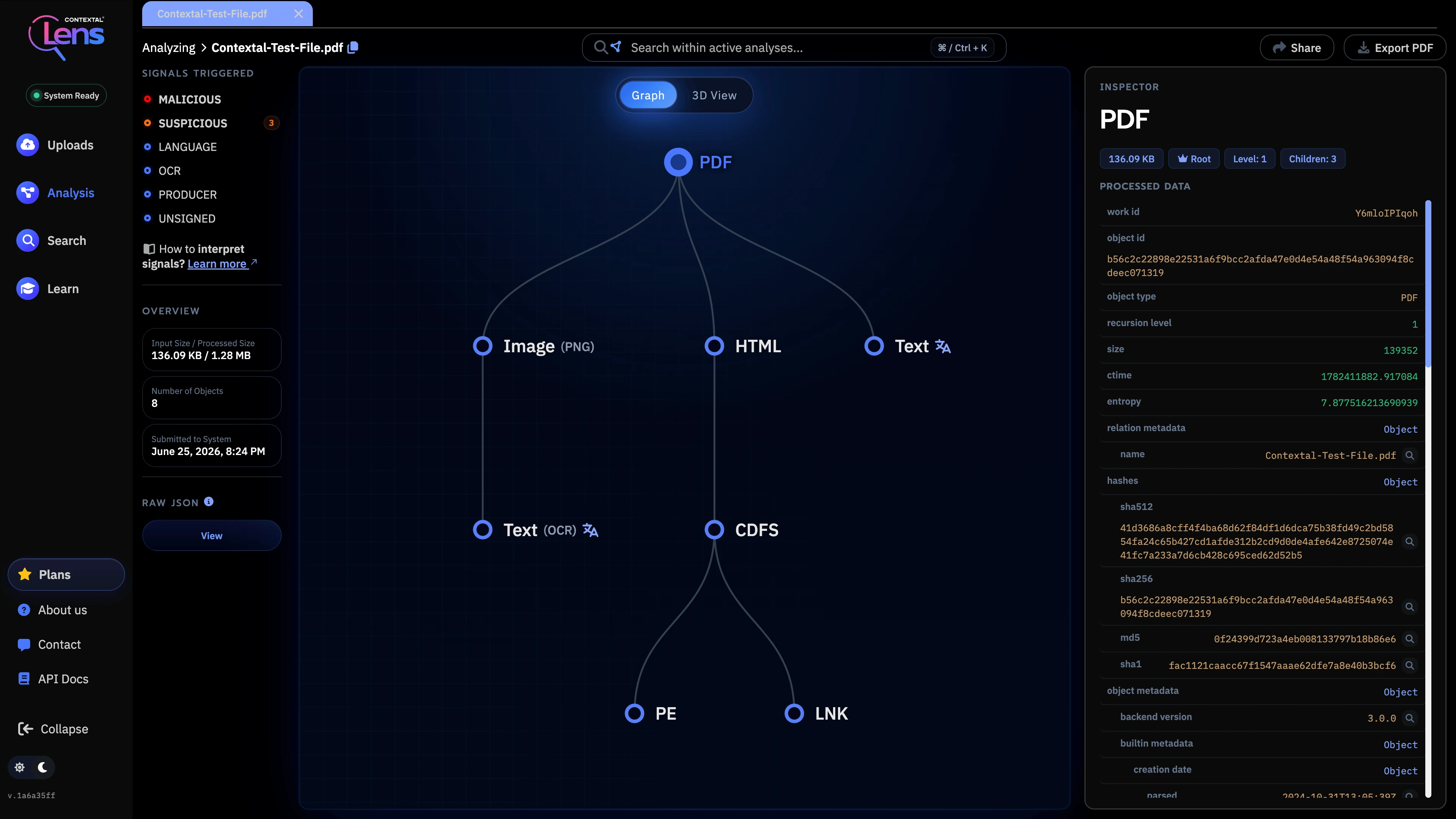 Contextal Lens analysis workspace.